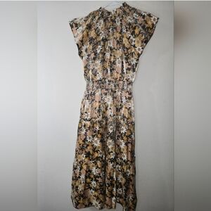 Moodie Retro Floral Earth tones High Smocked Neck Dress Size XSmall